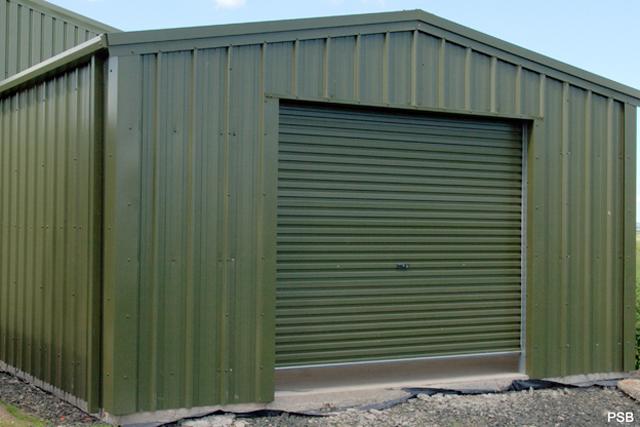 A close up of a large dark green building